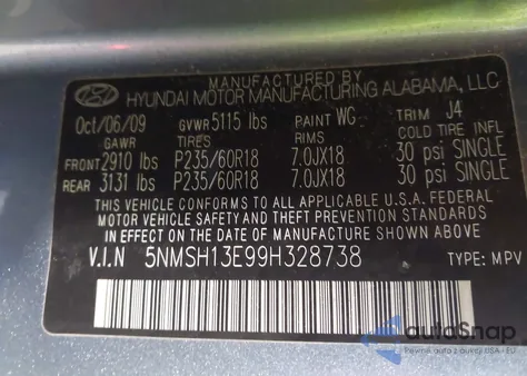 2009 Hyundai Santa Fe Se z USA, uszkodzony, nr VIN 5NMSH13E99H328738